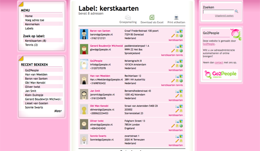 screenshot adresboek waarin labels worden gebruikt